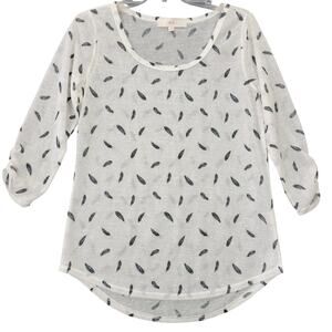 w.f. White Navy Feather Print Sheer Shirt 3/4 Sleeve Scoop Neck Women Size L Top